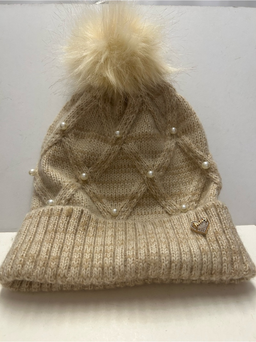 Juicy Couture Hat Cream Knit Beanie with Faux Fur Pom and Pearl Accents
